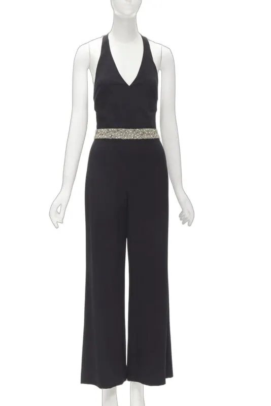 Alice & Olivia Crystal Halter Jumpsuit Black Wool Very good - Front View