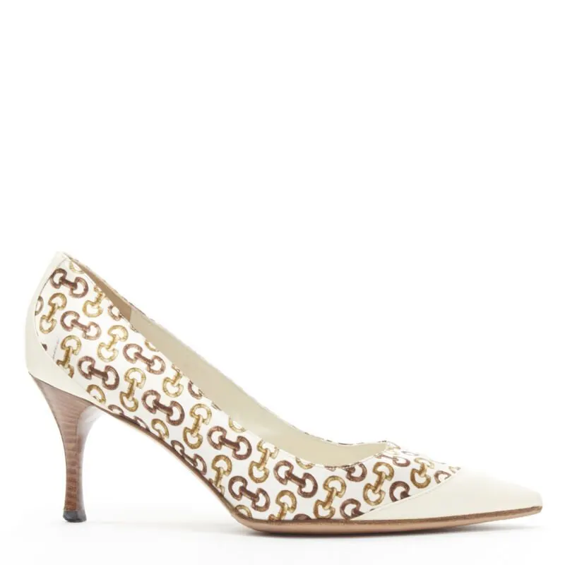 Gucci White Horsebit Pumps Beige Polyester Good - Front View