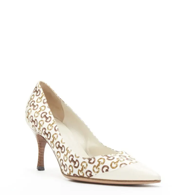 Gucci White Horsebit Pumps Beige Polyester Good - Back View