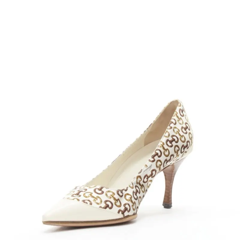 Gucci White Horsebit Pumps Beige Polyester Good - Model View