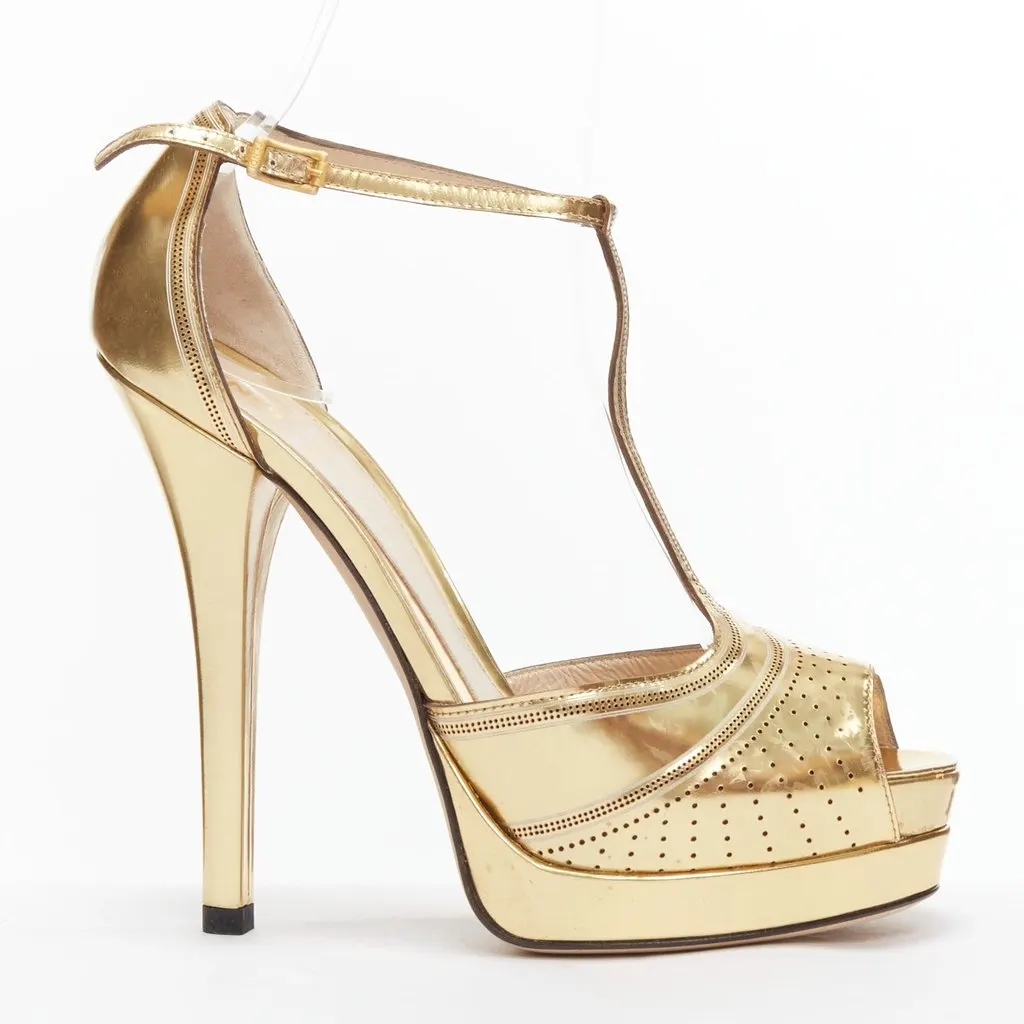 Fendi Flo T-Strap Platforms Gold Leather Fair - Front View