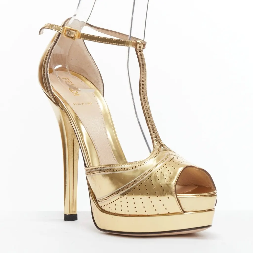 Fendi Flo T-Strap Platforms Gold Leather Fair - Back View