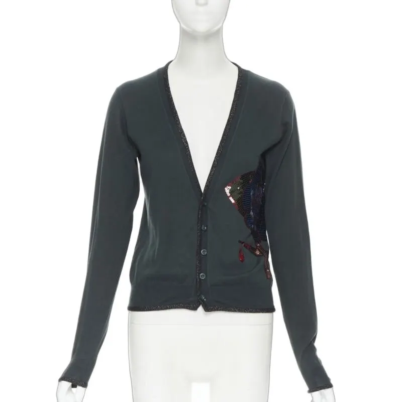 Undercover Floral Patch Cardigan Green Cotton Very good - Front View