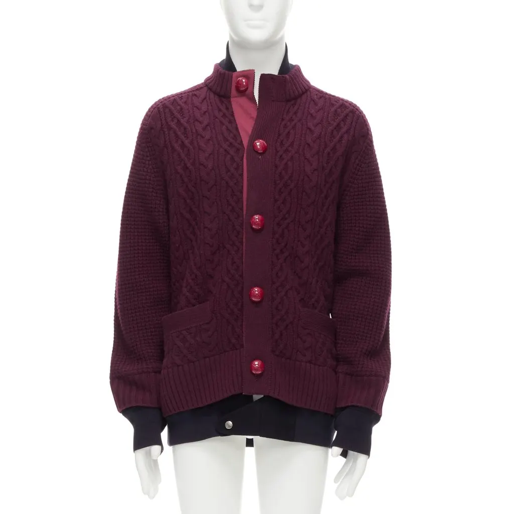 Sacai Layered Hem Cardigan Burgundy Wool Very good - Front View