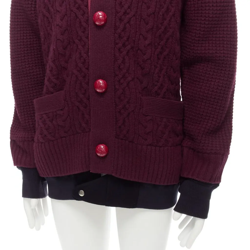 Sacai Layered Hem Cardigan Burgundy Wool Very good - Back View