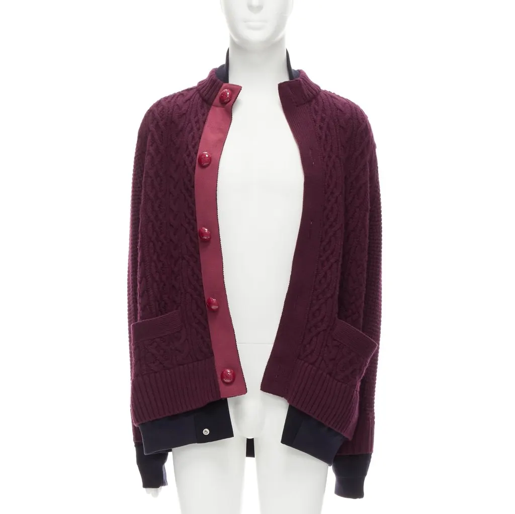 Sacai Layered Hem Cardigan Burgundy Wool Very good - Inside View