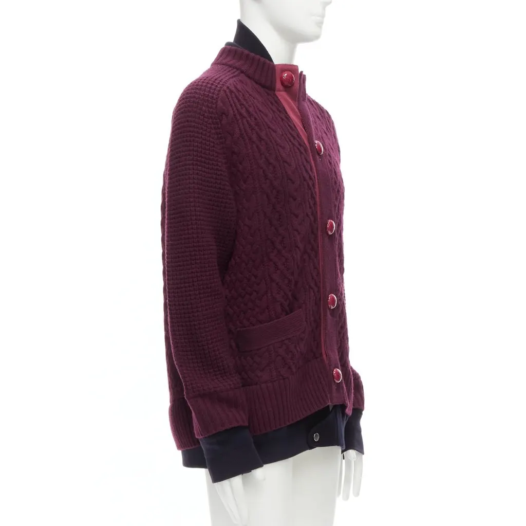 Sacai Layered Hem Cardigan Burgundy Wool Very good - Model View