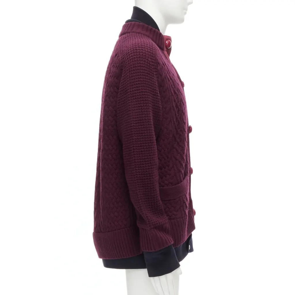 Sacai Layered Hem Cardigan Burgundy Wool Very good - Box View