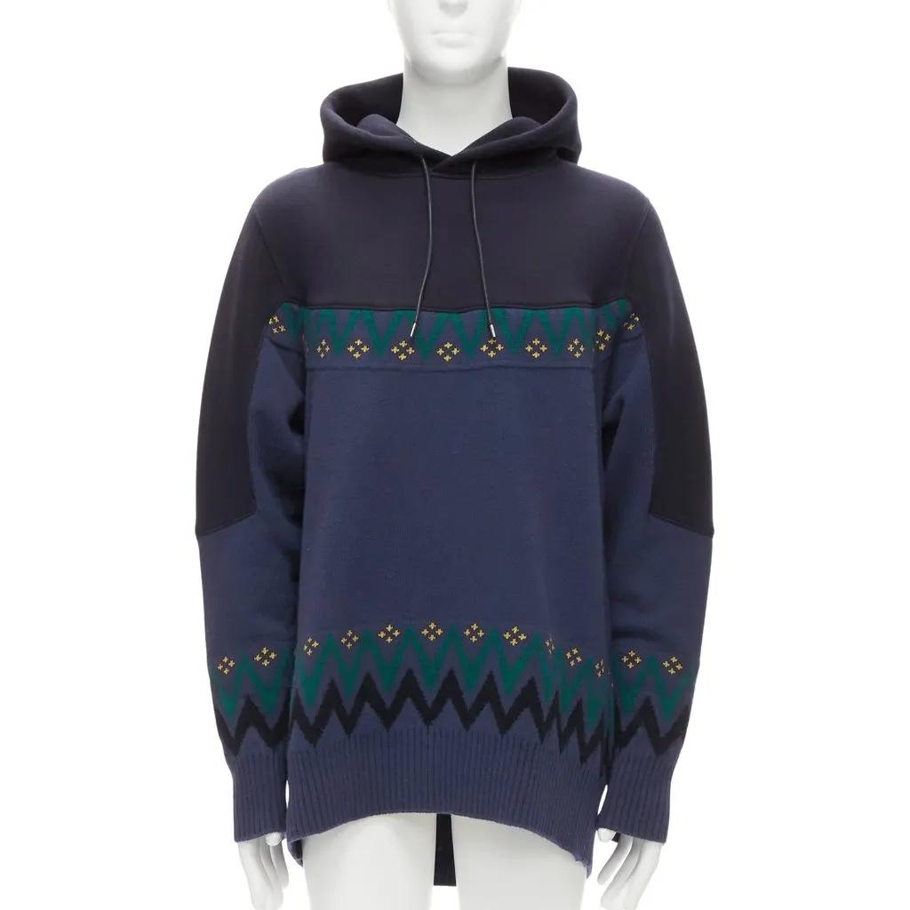 Sacai Knit Sweater Hoodie Navy Cotton Good - Front View