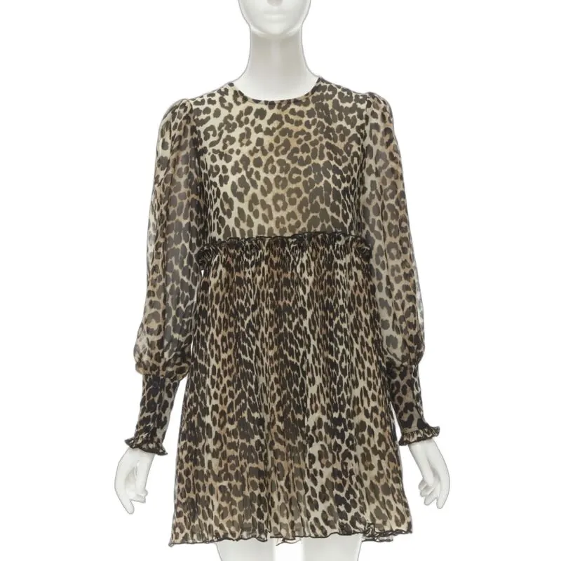 Ganni Leopard Babydoll Dress Brown Polyester Never worn - Front View