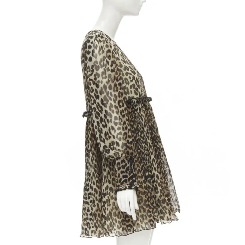Ganni Leopard Babydoll Dress Brown Polyester Never worn - Model View