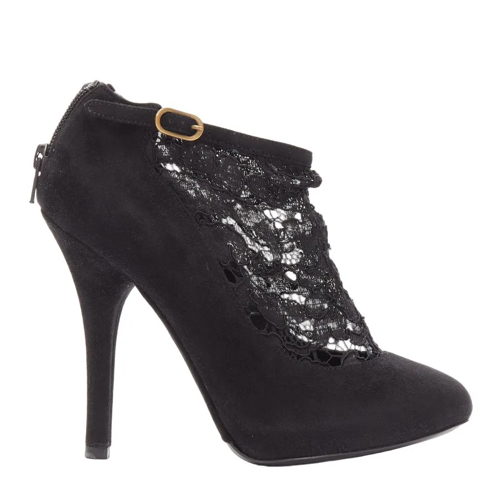 Dolce & Gabbana Floral Lace High Booties Gold Suede Very good - Front View
