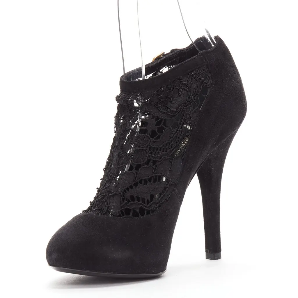 Dolce & Gabbana Floral Lace High Booties Gold Suede Very good - Model View