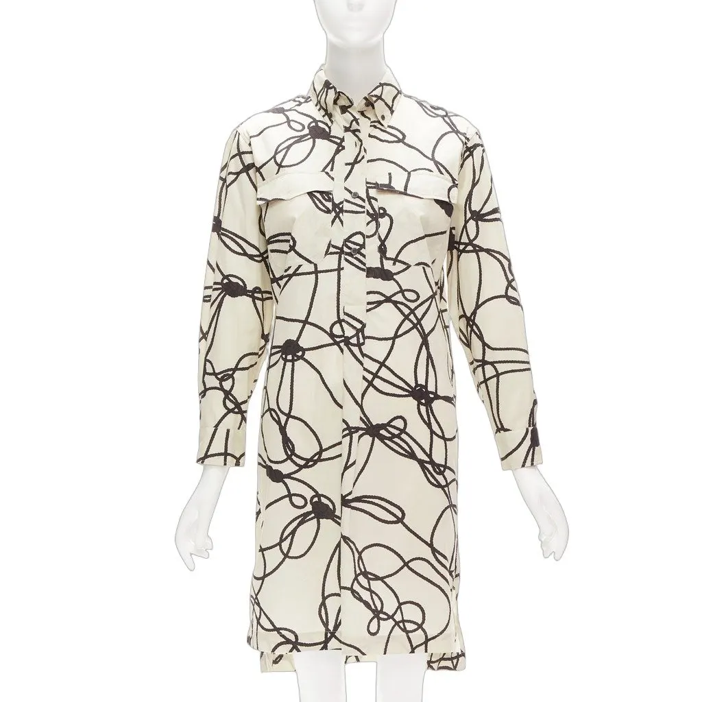 Dries Van Noten Rope Print Shirt Dress Beige Cotton Never worn - Front View
