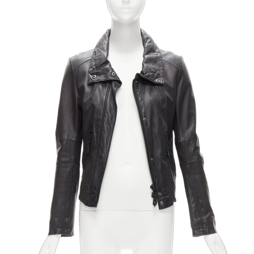 Atsuro Tayama Collar Biker Jacket Black Leather Good - Front View