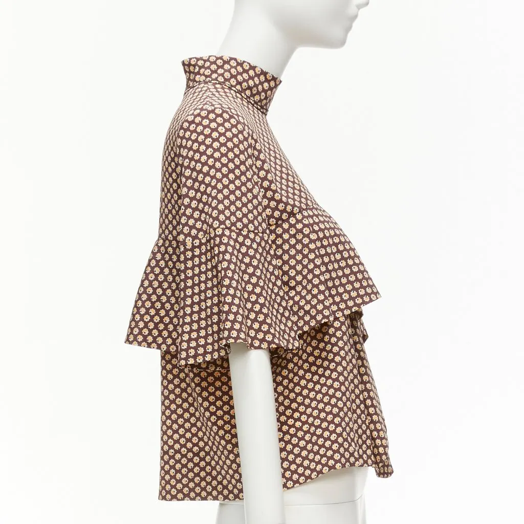 Marni Floral Ruffle Top Brown Silk Never worn - Model View