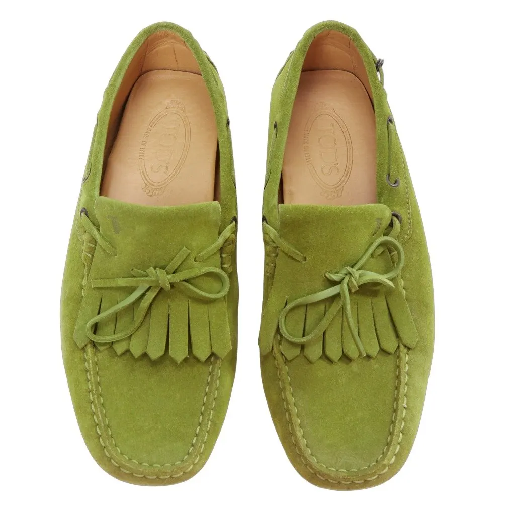 Tod's Fringe Driving Loafer Green Suede Good - Front View