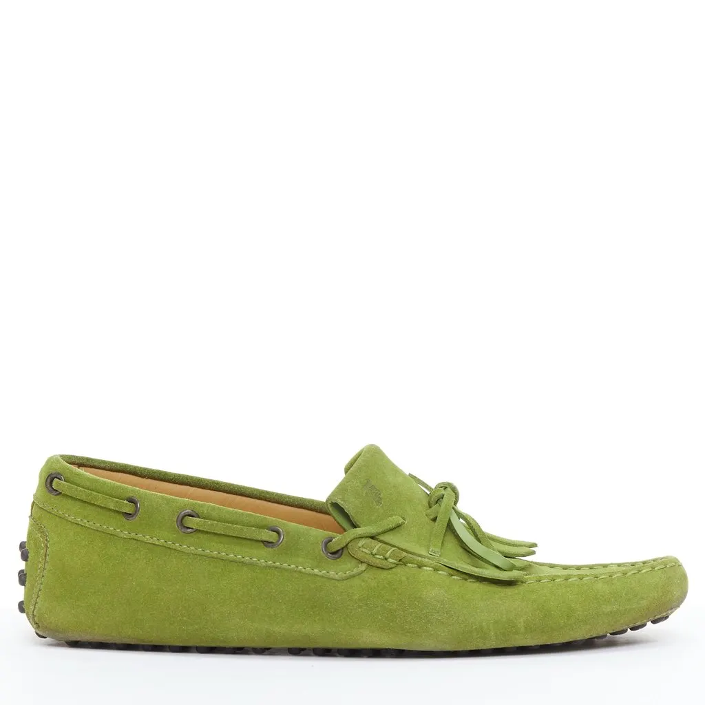 Tod's Fringe Driving Loafer Green Suede Good - Back View