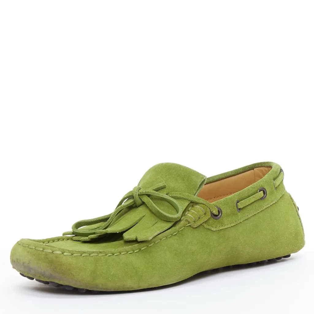 Tod's Fringe Driving Loafer Green Suede Good - Model View