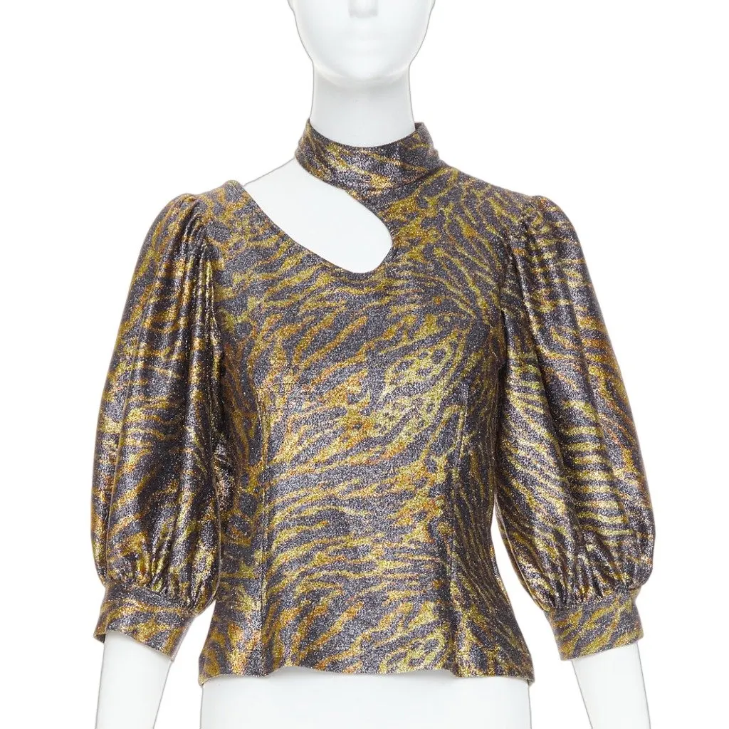 Ganni Tiger Lurex Puff Top Gold Polyester Good - Front View