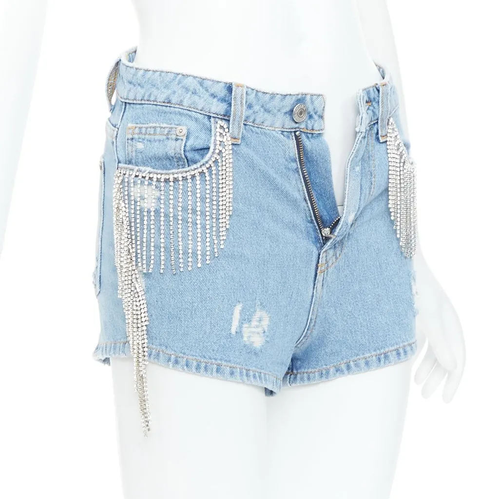 CHIARA FERRAGNI Crystal Fringe Shorts Blue Cotton Very good - Front View