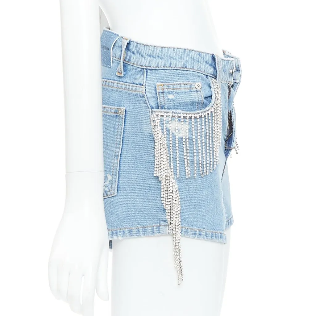 CHIARA FERRAGNI Crystal Fringe Shorts Blue Cotton Very good - Model View