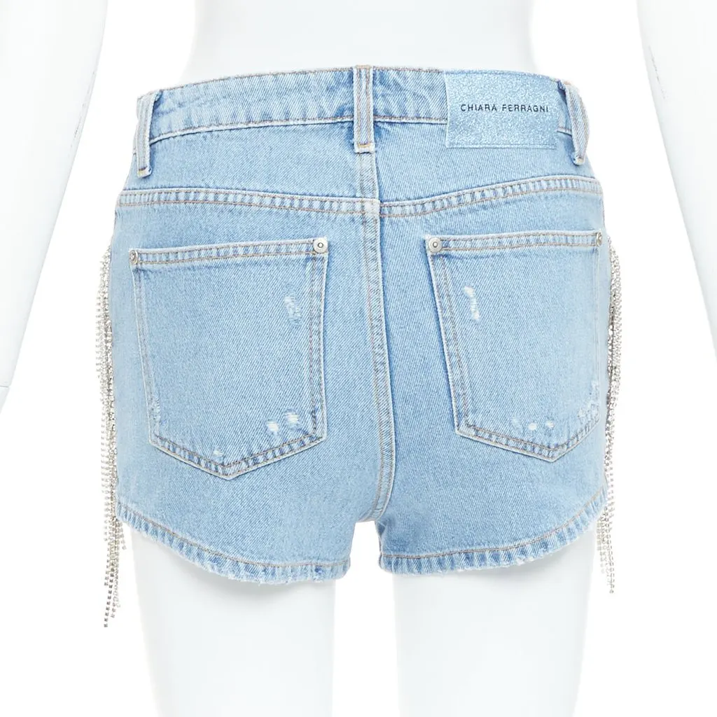 CHIARA FERRAGNI Crystal Fringe Shorts Blue Cotton Very good - Box View