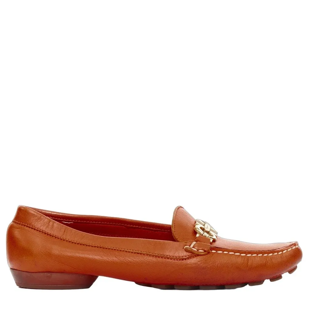 Salvatore Ferragamo Logo Buckle Loafers Orange Leather Fair - Front View