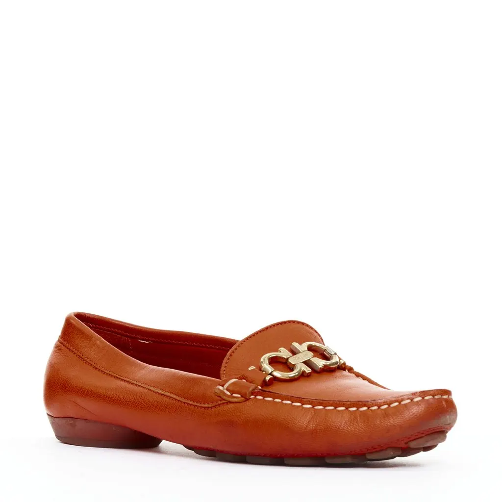Salvatore Ferragamo Logo Buckle Loafers Orange Leather Fair - Back View