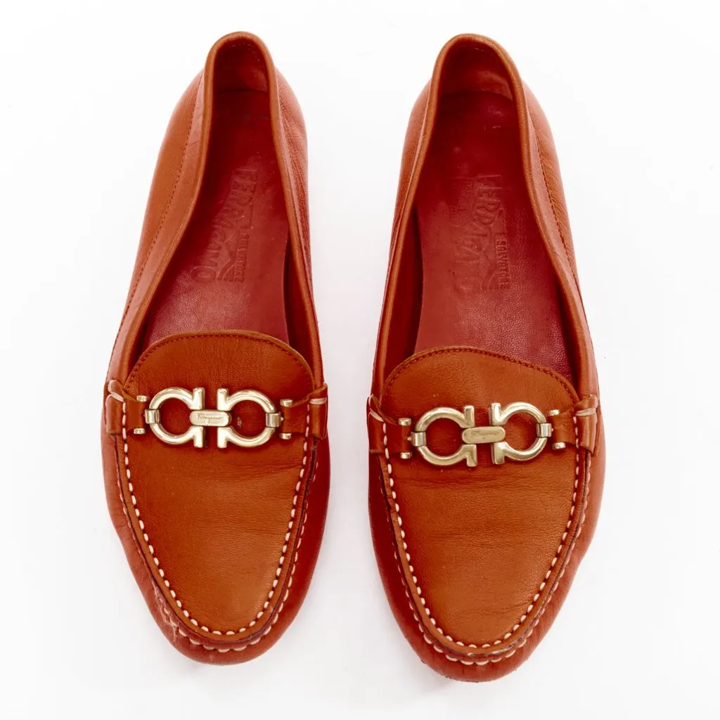 Salvatore Ferragamo Logo Buckle Loafers Orange Leather Fair - Inside View