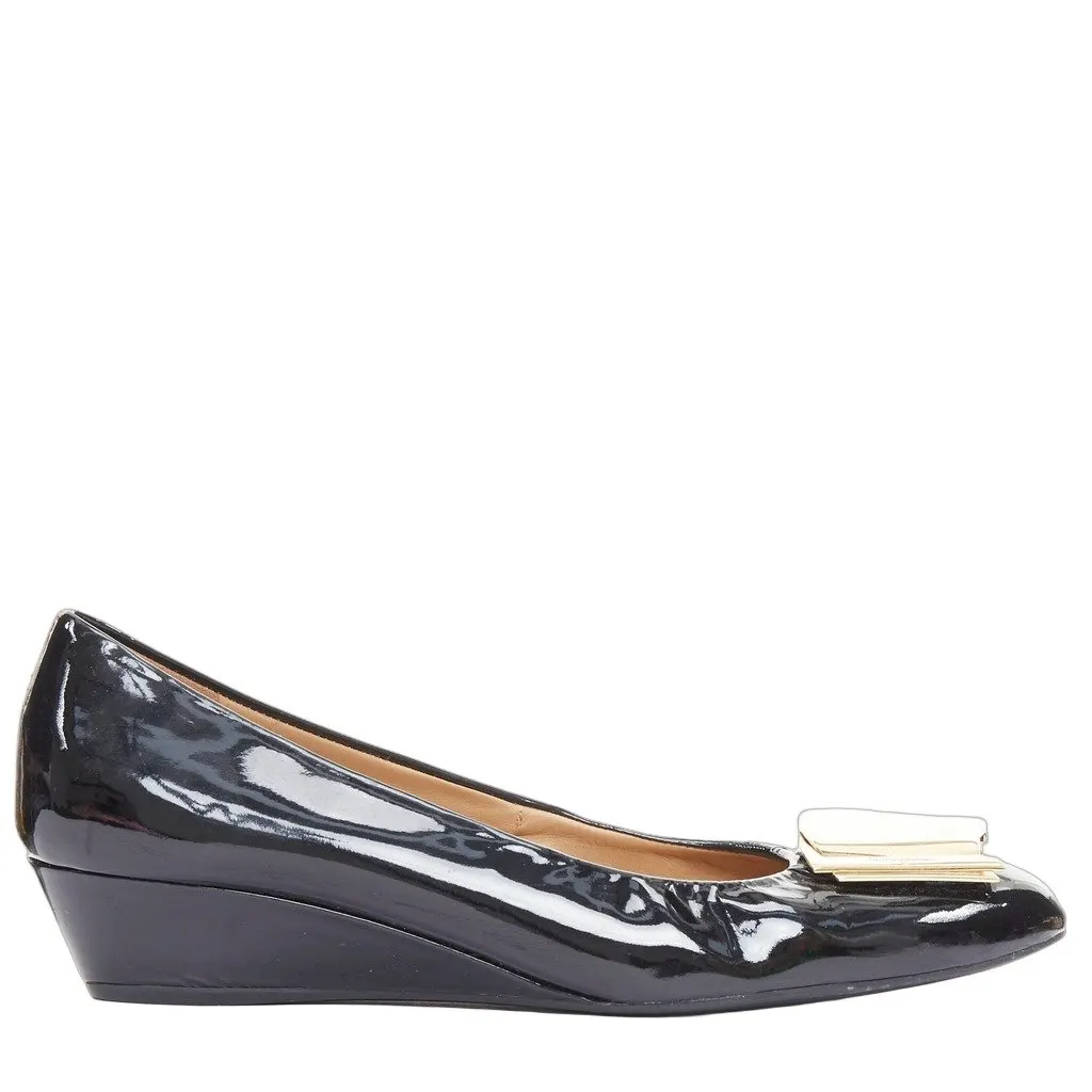 Salvatore Ferragamo Big Buckle Wedges Black Leather Good - Front View