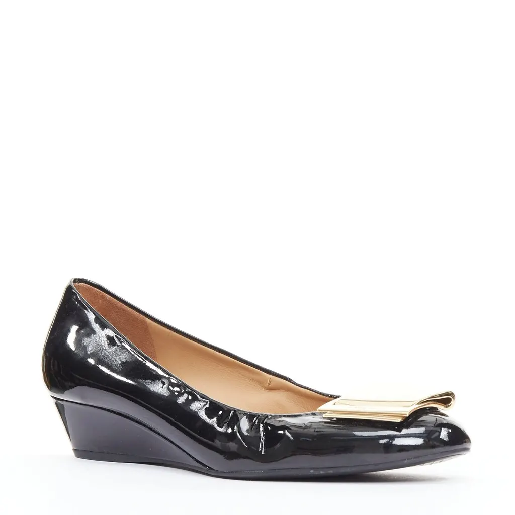 Salvatore Ferragamo Big Buckle Wedges Black Leather Good - Back View