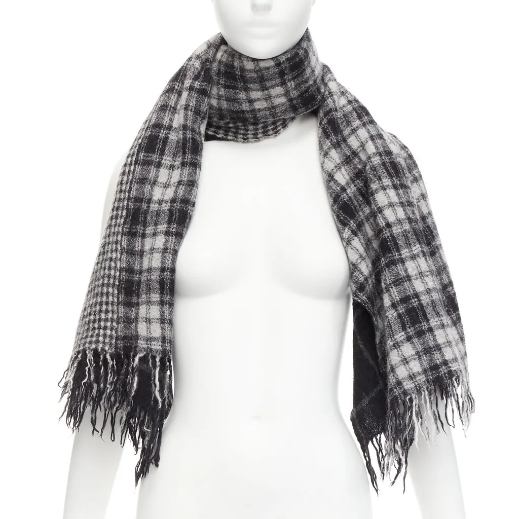 Yohji Yamamoto Check Fringe Scarf Grey Wool Very good - Front View