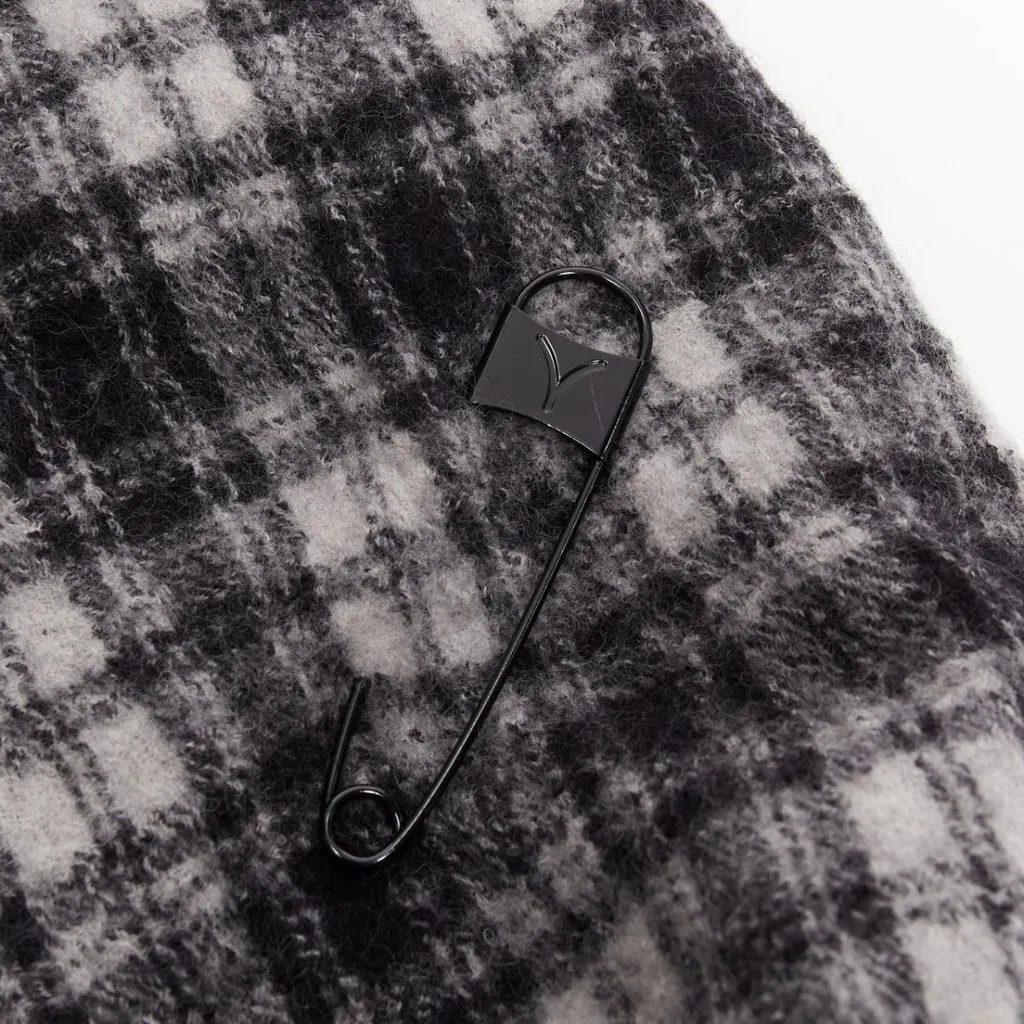 Yohji Yamamoto Check Fringe Scarf Grey Wool Very good - Back View