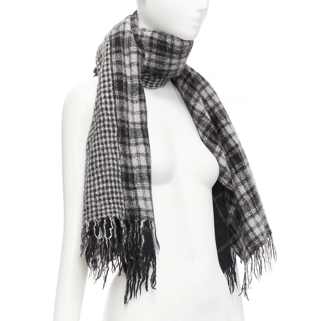 Yohji Yamamoto Check Fringe Scarf Grey Wool Very good - Inside View