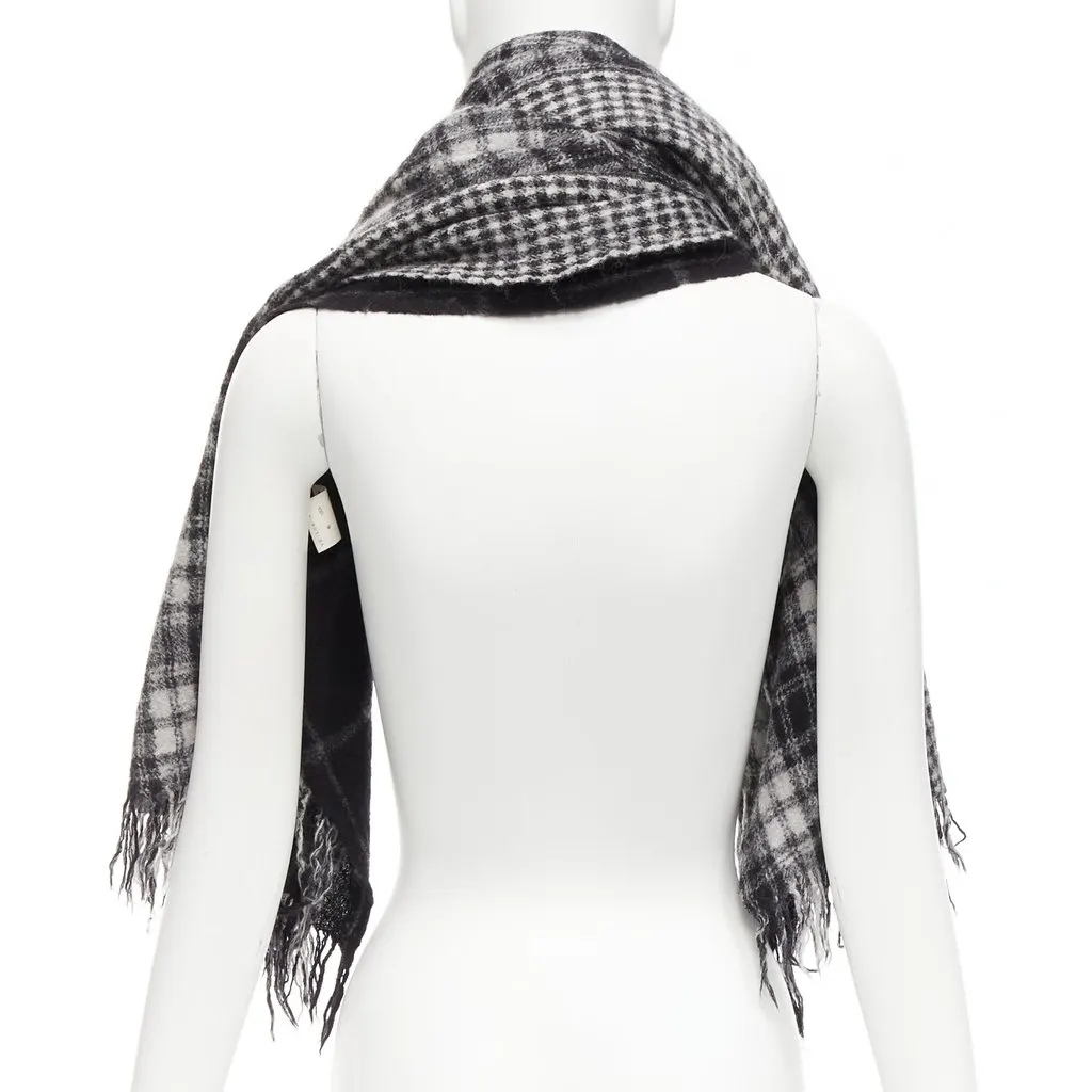 Yohji Yamamoto Check Fringe Scarf Grey Wool Very good - Box View