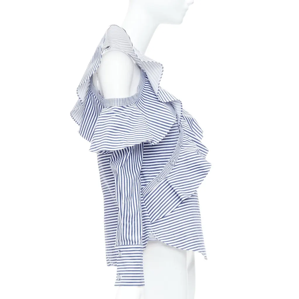 SELF-PORTRAIT Striped Ruffle Top White Cotton Never worn - Model View