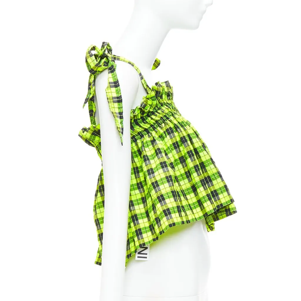 Ganni Checked Seersucker Green Cotton Never worn, with tag - Model View