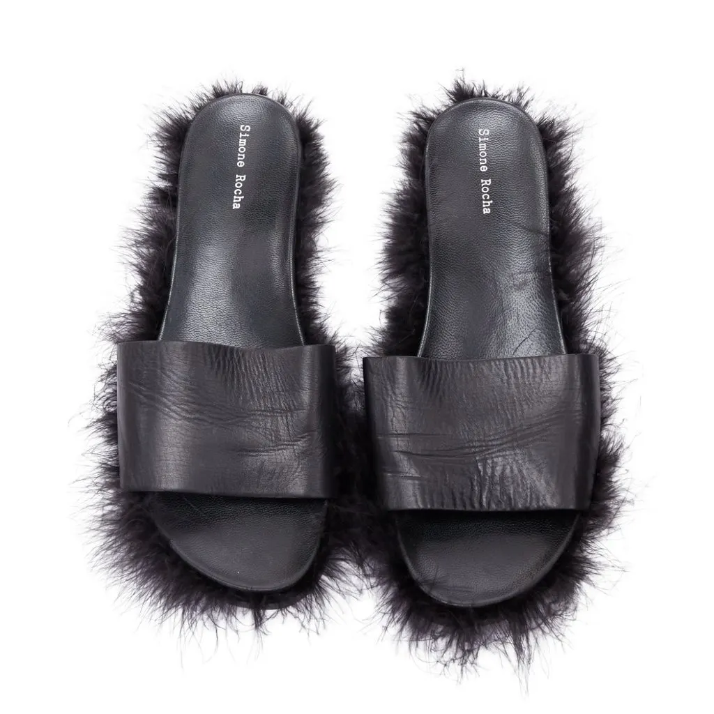 Simone Rocha Feather Trimmed Slides Black Leather Good - Front View