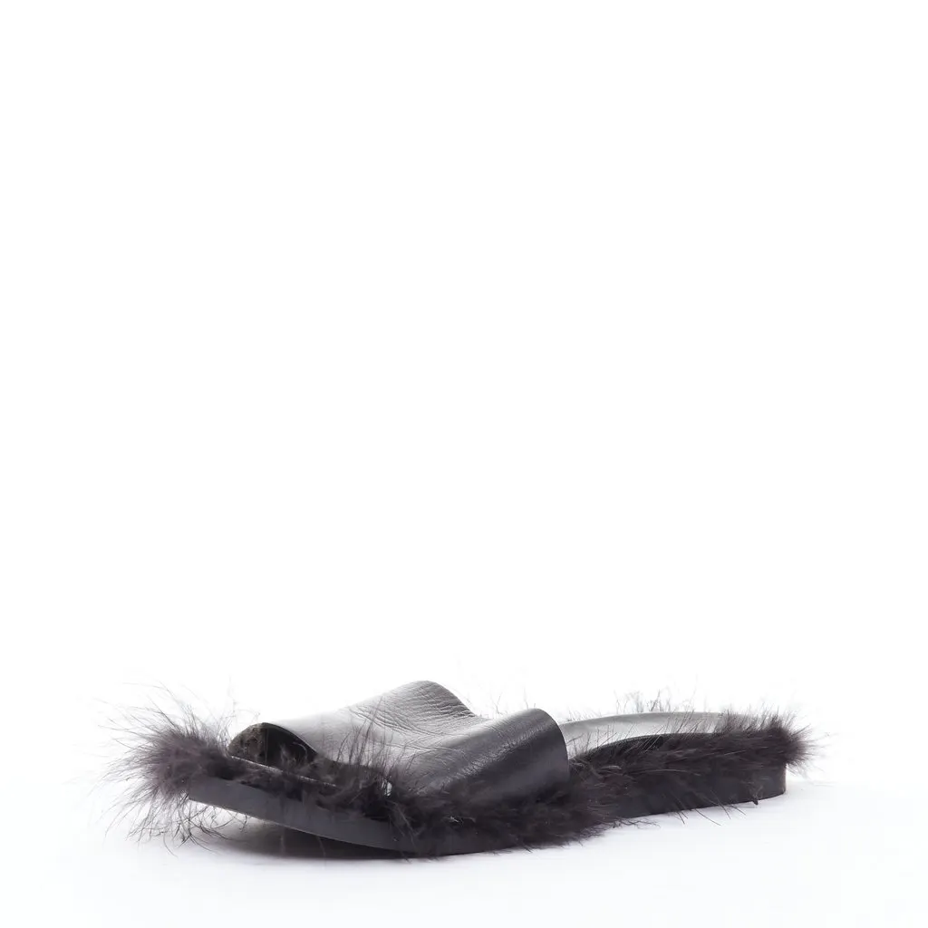 Simone Rocha Feather Trimmed Slides Black Leather Good - Model View