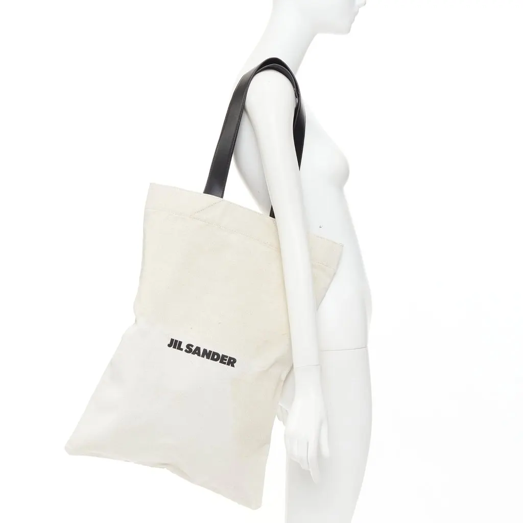 Jil Sander Logo Print Canvas Long Tote Black Leather Fair - Back View