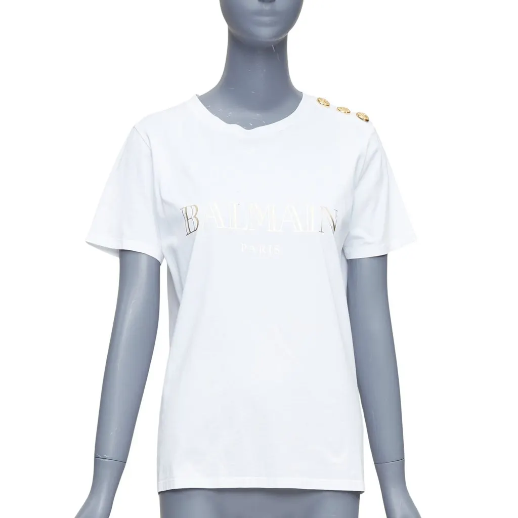 Balmain Gold Foil Logo Tee White Cotton Good - Front View