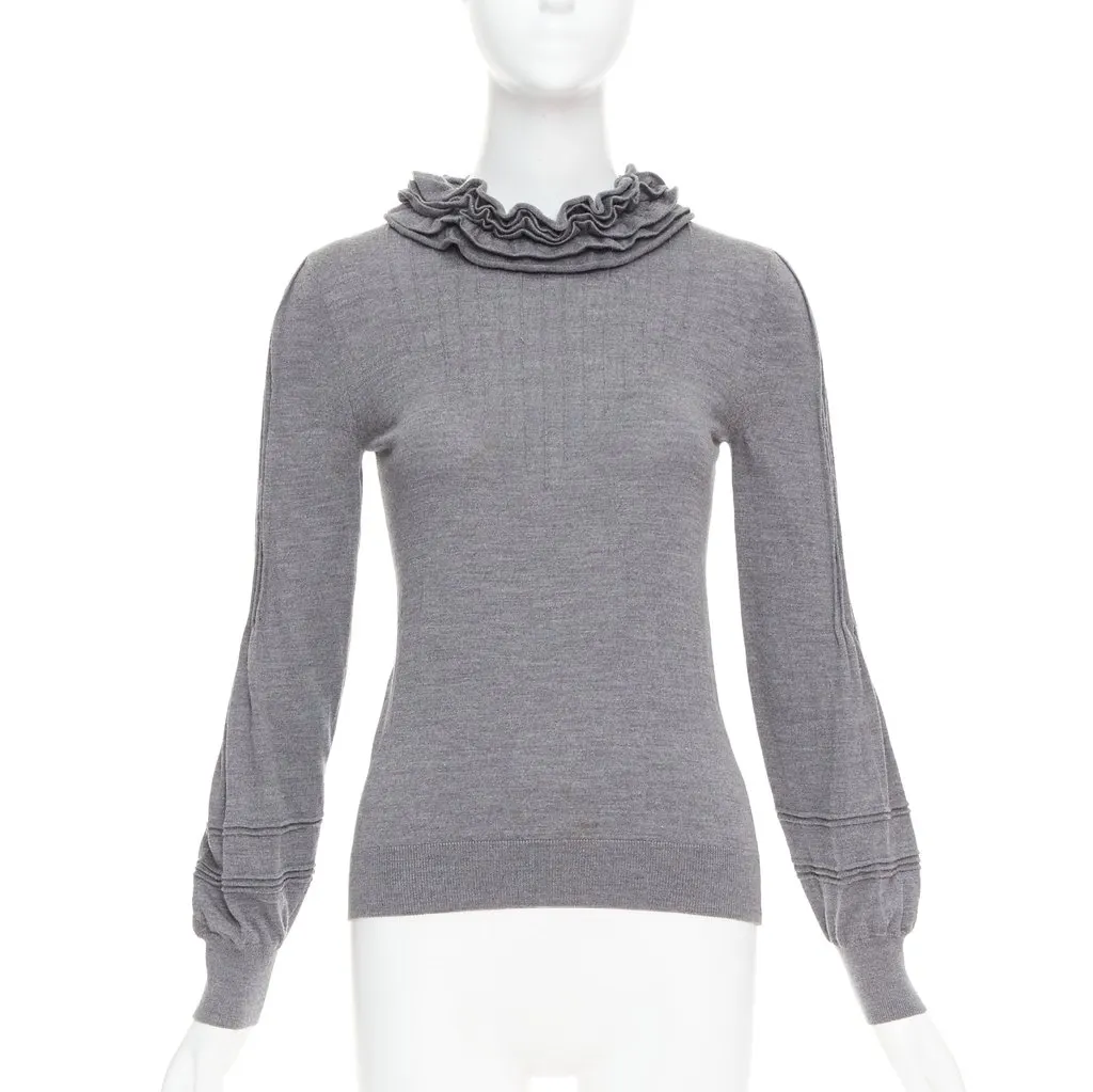 Fendi Ruffle Collar Sweater Grey Wool Fair - Front View