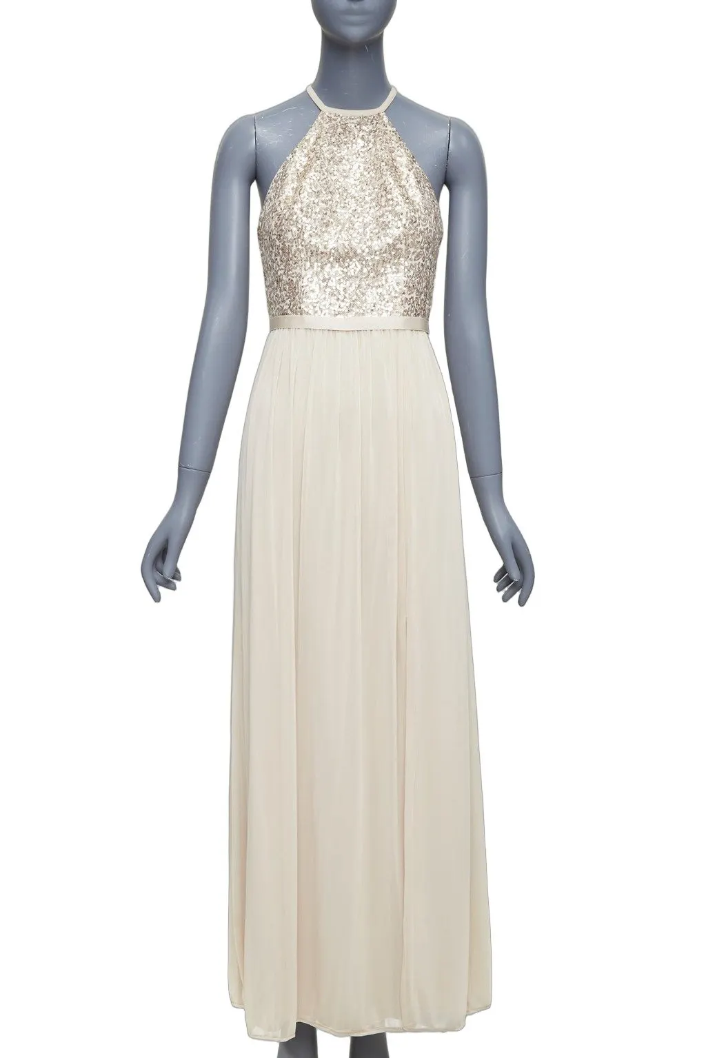 David's Bridal Sequin Goddess Dress Gold Polyester Good - Front View