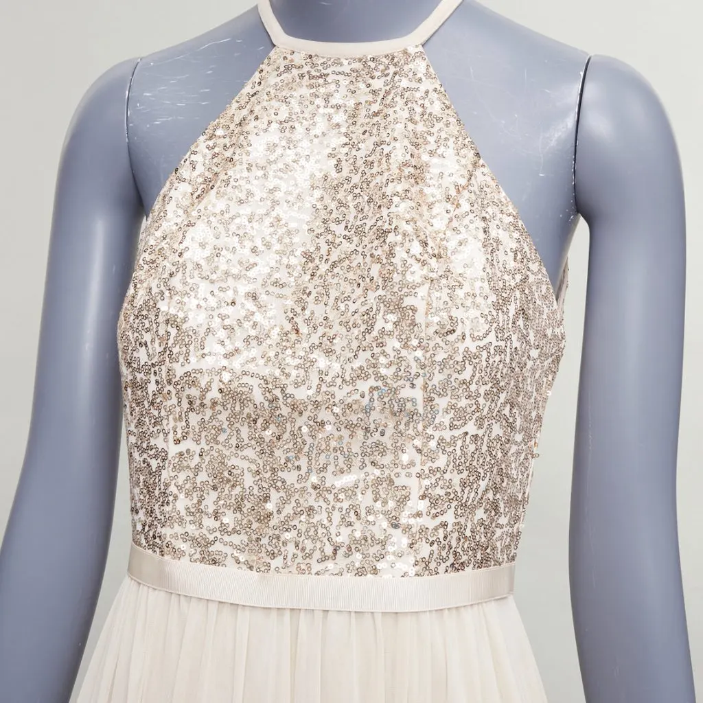 David's Bridal Sequin Goddess Dress Gold Polyester Good - Back View
