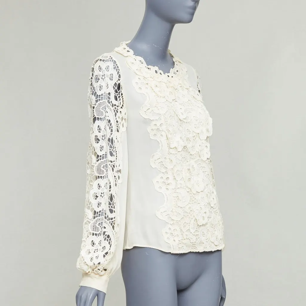 Oscar de la Renta Floral Lace Blouse Ecru Silk Fair - Inside View