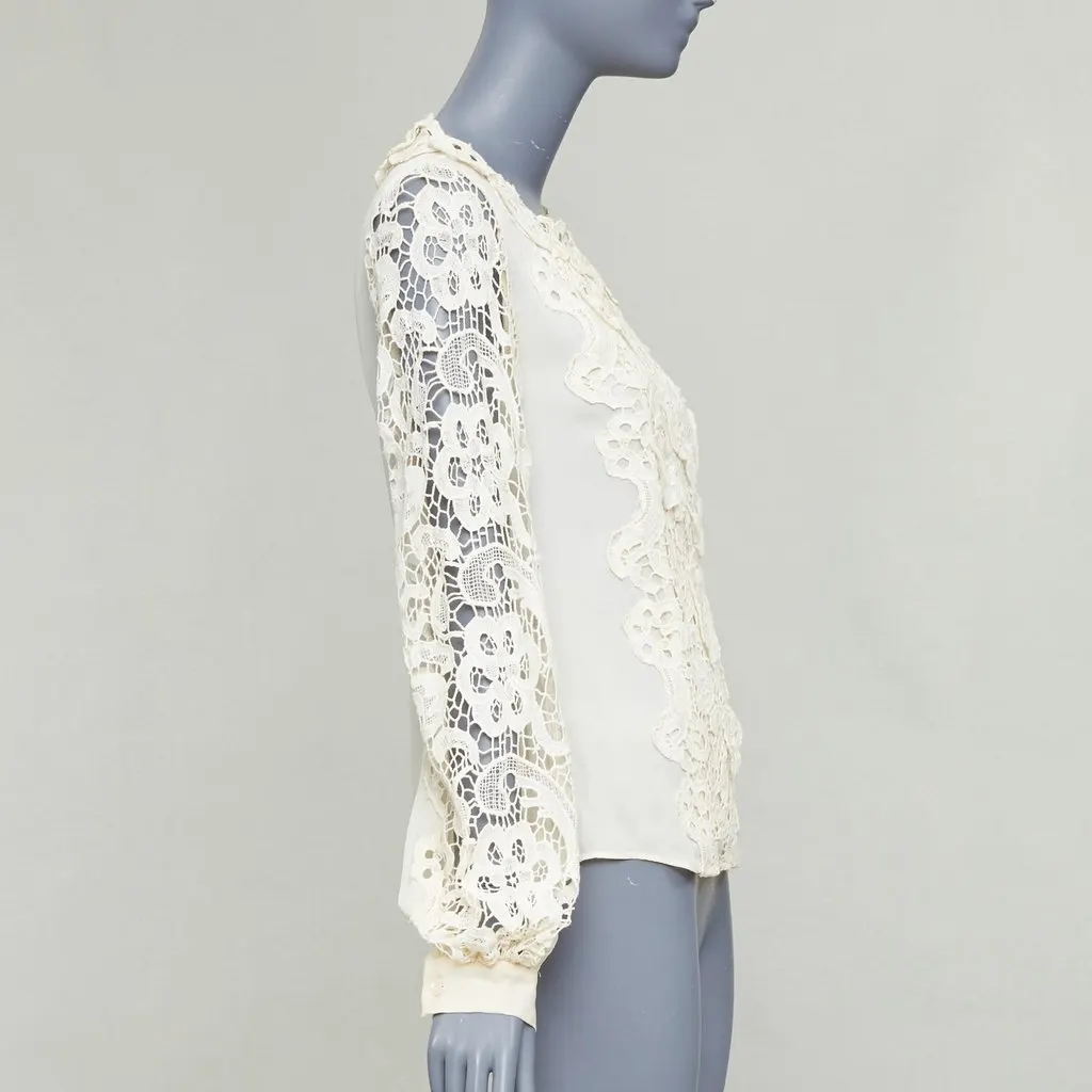 Oscar de la Renta Floral Lace Blouse Ecru Silk Fair - Model View