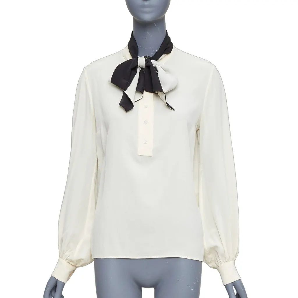 Lanvin Contrast Tie Blouse Ecru Silk Fair - Front View