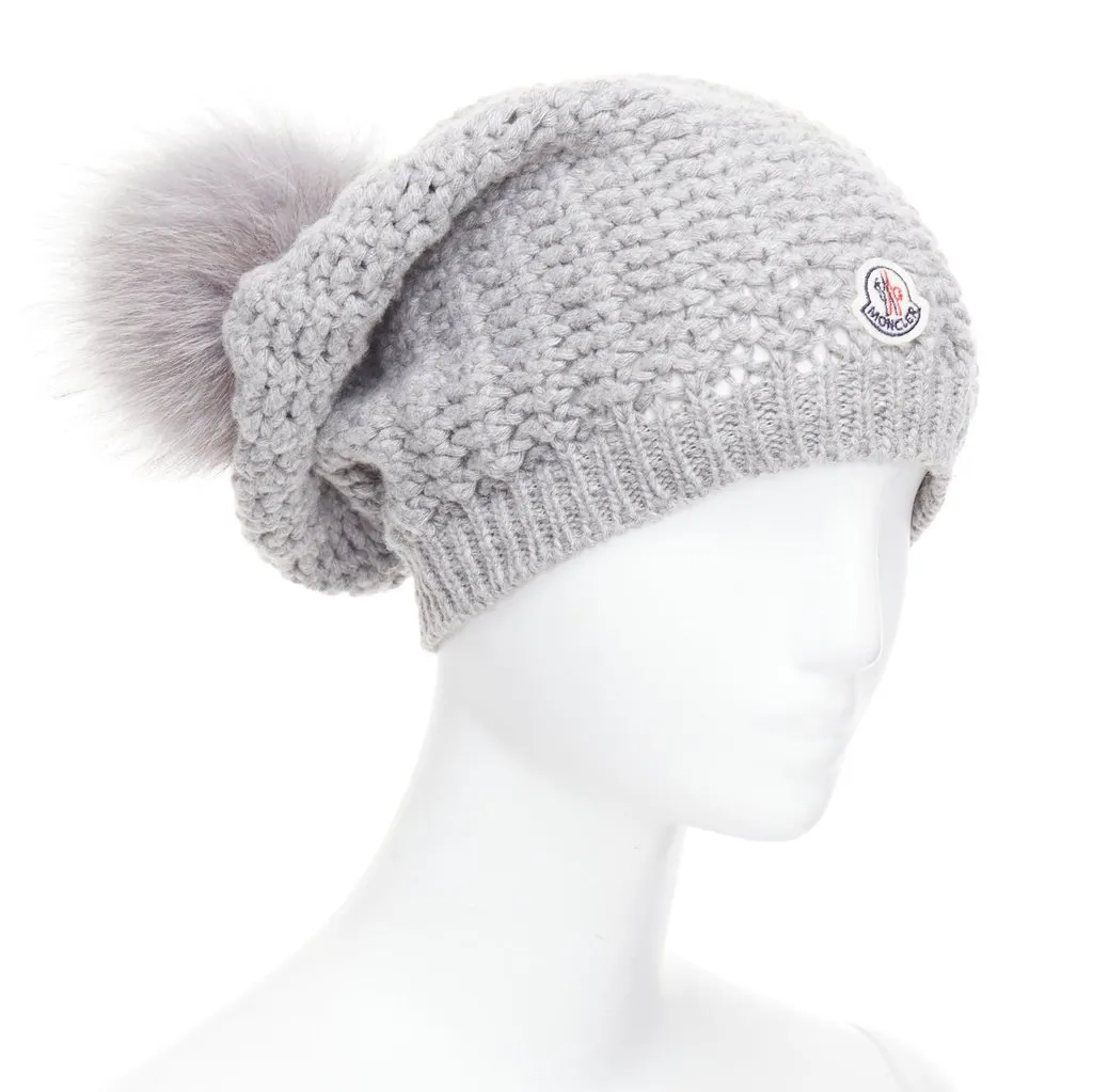 Moncler Fur Pom Knit Beanie Grey Very good - Front View