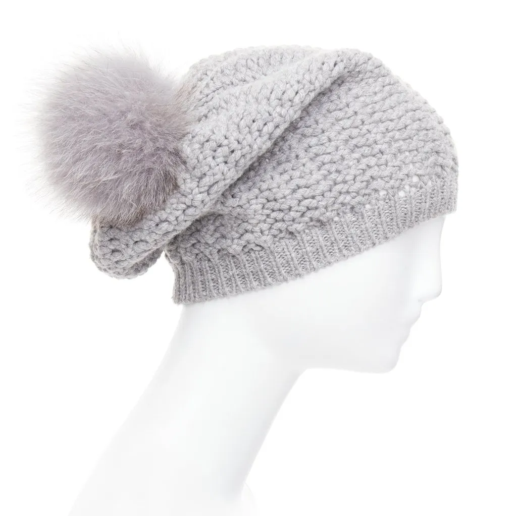 Moncler Fur Pom Knit Beanie Grey Very good - Model View